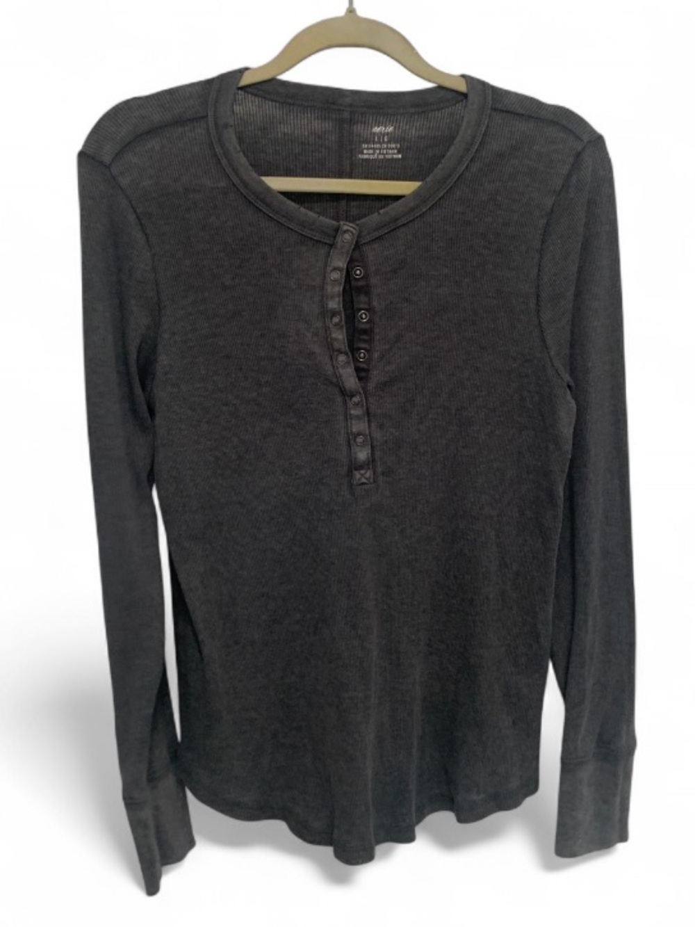 aerie Gray Ribbed Long-Sleeve Button Neck Henley Top
